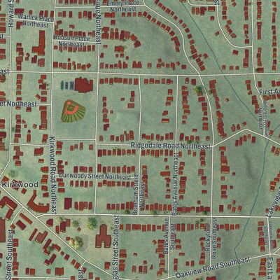 Close-up of the map of Kirkwood, Georgia print showing street and building detail