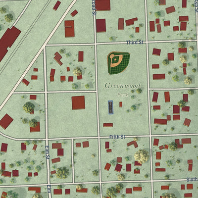 Close-up of the map of Greenwood, Nebraska print showing street and building detail