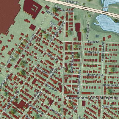 Close-up of the map of Gloucester City, New Jersey print showing street and building detail