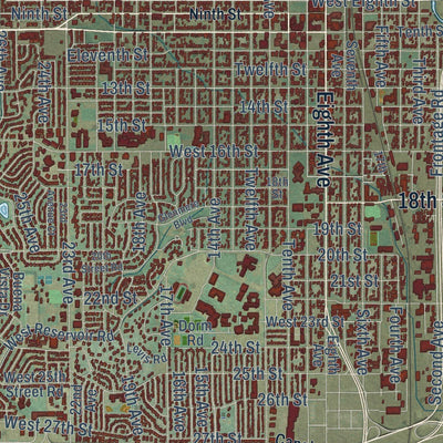 Close-up of the map of Greeley, Colorado print showing street and building detail
