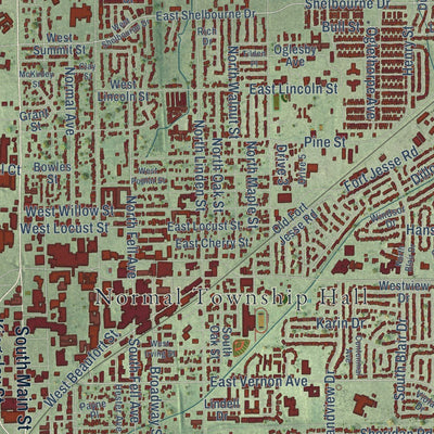Close-up of the map of Normal, Illinois print showing street and building detail