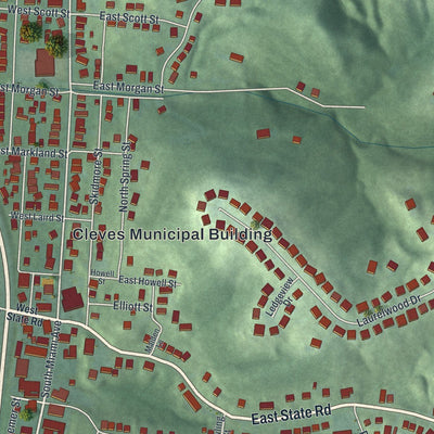 Close-up of the map of Cleves, Ohio print showing street and building detail
