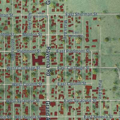 Close-up of the map of Ravenna, Nebraska print showing street and building detail