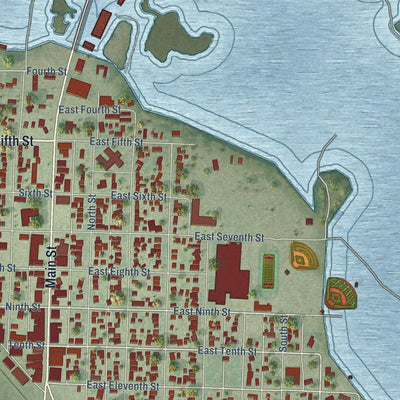 Close-up of the map of Bridgeport, Nebraska print showing street and building detail