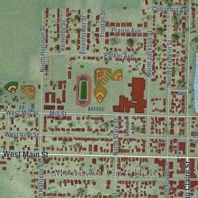 Close-up of the map of Mondovi, Wisconsin print showing street and building detail
