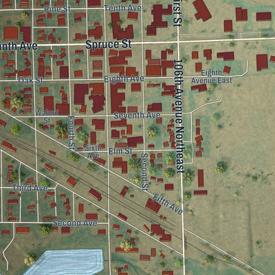Close-up of the map of Langdon, North Dakota print showing street and building detail