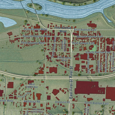 Close-up of the map of Milan, Illinois print showing street and building detail