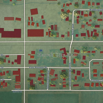 Close-up of the map of Harrah, Washington print showing street and building detail
