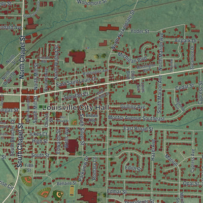 Close-up of the map of Louisville, Ohio print showing street and building detail