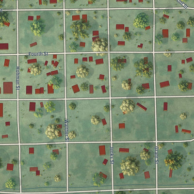 Close-up of the map of Oakdale, Nebraska print showing street and building detail