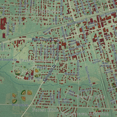 Close-up of the map of Hope, Arkansas print showing street and building detail