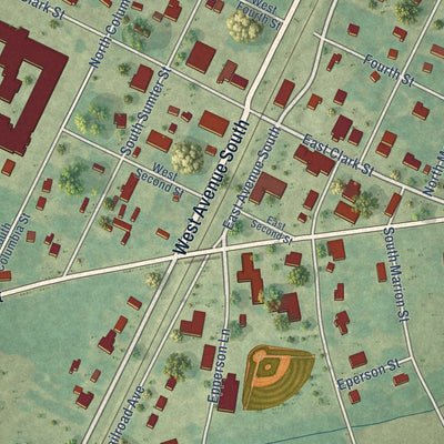 Close-up of the map of Pinewood, South Carolina print showing street and building detail