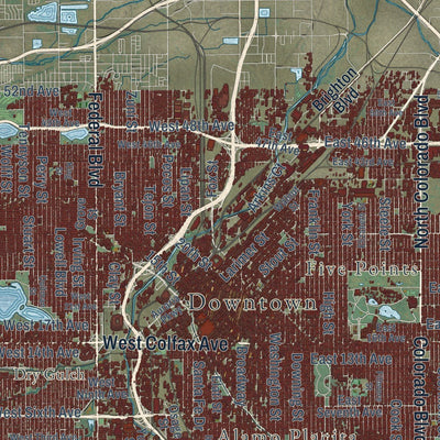 Close-up of the map of Denver, Colorado print showing street and building detail