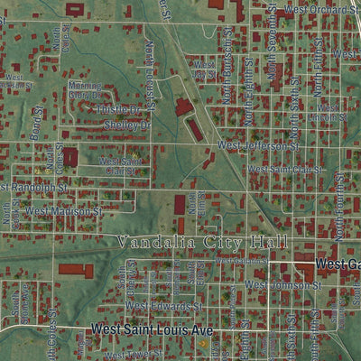 Close-up of the map of Vandalia, Illinois print showing street and building detail