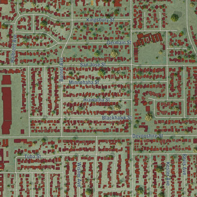 Close-up of the map of Mission Hills, California print showing street and building detail