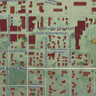 Close-up of the map of Renville, Minnesota print showing street and building detail