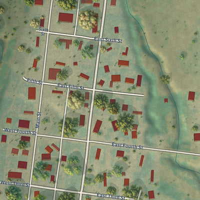 Close-up of the map of Grass Range, Montana print showing street and building detail