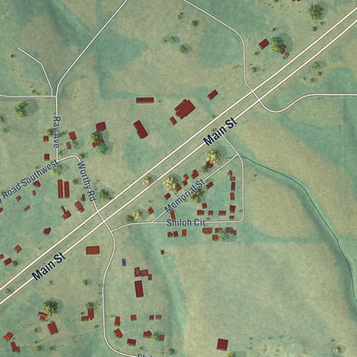 Close-up of the map of Shiloh, Alabama print showing street and building detail