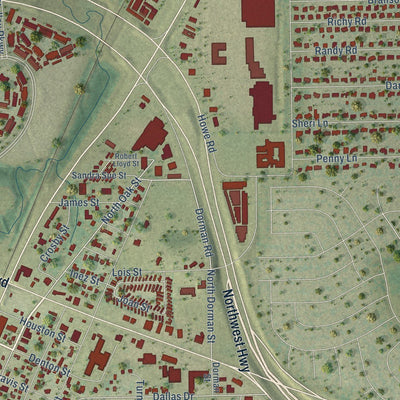 Close-up of the map of Roanoke, Texas print showing street and building detail