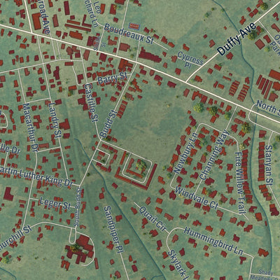 Close-up of the map of Sunset, Louisiana print showing street and building detail
