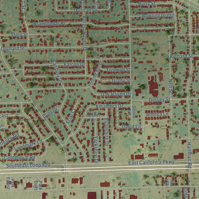 Close-up of the map of Forest Hill, Texas print showing street and building detail
