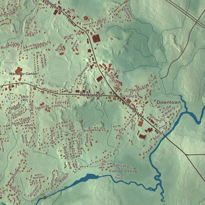 Close-up of the map of Hanover, Massachusetts print showing streets and neighborhoods