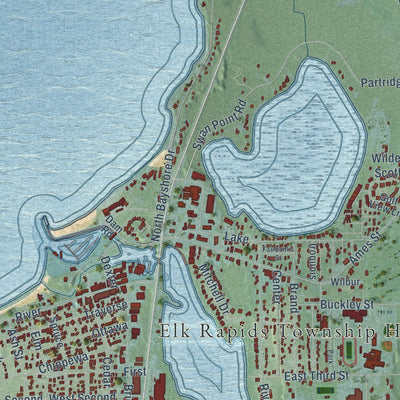 Close-up of the map of Elk Rapids, Antrim County, Michigan print showing street and building detail