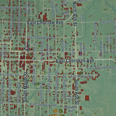 Close-up of the map of Nowata, Oklahoma print showing street and building detail