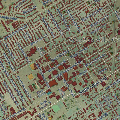 Close-up of the map of Stephenville, Texas print showing street and building detail