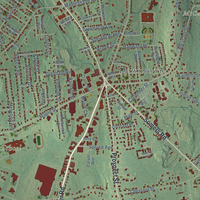 Close-up of the map of East Longmeadow, Massachusetts print showing street and building detail