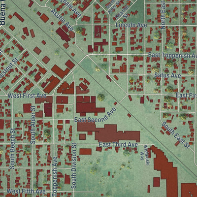 Close-up of the map of Toppenish, Washington print showing street and building detail