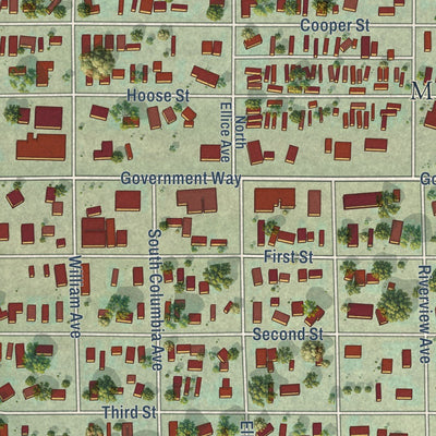 Close-up of the map of Mattawa, Washington print showing street and building detail