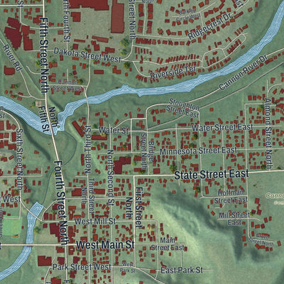 Close-up of the map of Cannon Falls, Minnesota print showing street and building detail