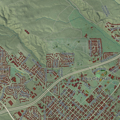 Close-up of the map of Elko, Nevada print showing street and building detail
