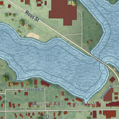 Close-up of the map of Beaverton, Michigan print showing street and building detail