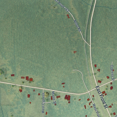 Close-up of the map of Jamestown, Louisiana print showing street and building detail