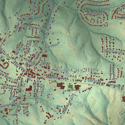 Close-up of the map of King, North Carolina print showing street and building detail
