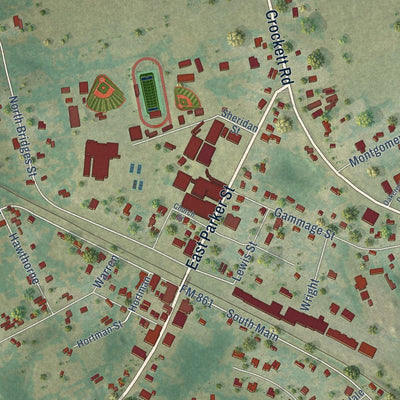 Close-up of the map of Elkhart, Texas print showing street and building detail
