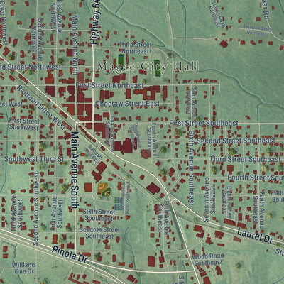 Close-up of the map of Magee, Mississippi print showing street and building detail