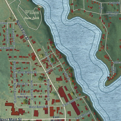 Close-up of the map of Harrison, Clare County, Michigan print showing street and building detail
