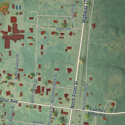 Close-up of the map of Converse, Louisiana print showing street and building detail