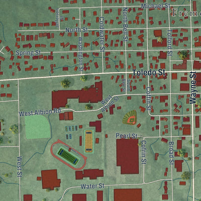Close-up of the map of Fremont, Indiana print showing street and building detail