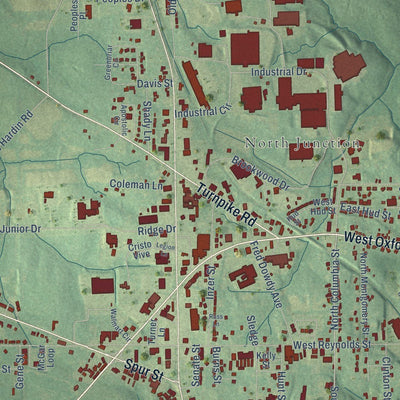 Close-up of the map of Pontotoc, Mississippi print showing street and building detail