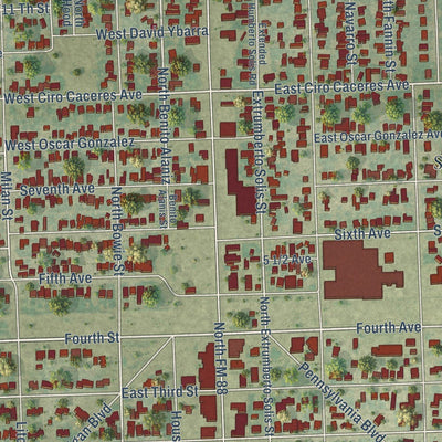 Close-up of the map of Elsa, Texas print showing street and building detail