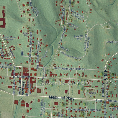 Close-up of the map of Aliceville, Alabama print showing street and building detail