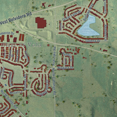 Close-up of the map of Volo, Illinois print showing street and building detail