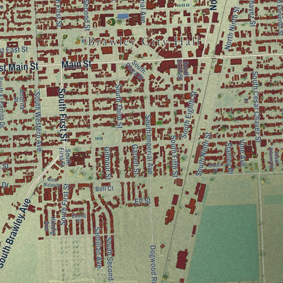 Close-up of the map of Brawley, California print showing street and building detail