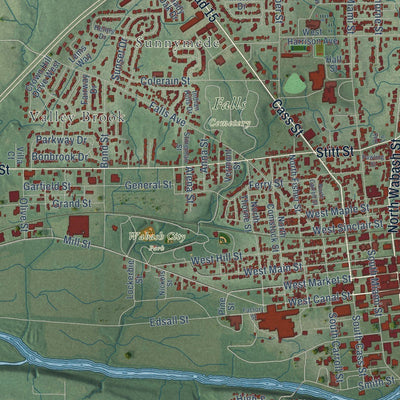 Close-up of the map of Wabash, Indiana print showing street and building detail