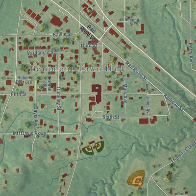 Close-up of the map of Beaumont, Mississippi print showing street and building detail