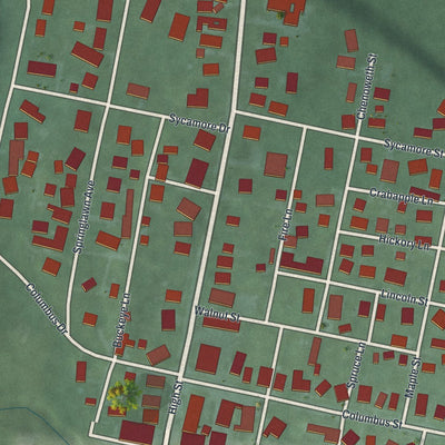 Close-up of the map of Harrisburg, Ohio print showing street and building detail